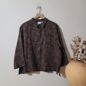 Chico’s Luxe Silk Linen Jacquard Oversize Blouse Chocolate Brown Sz 3 XL Coastal